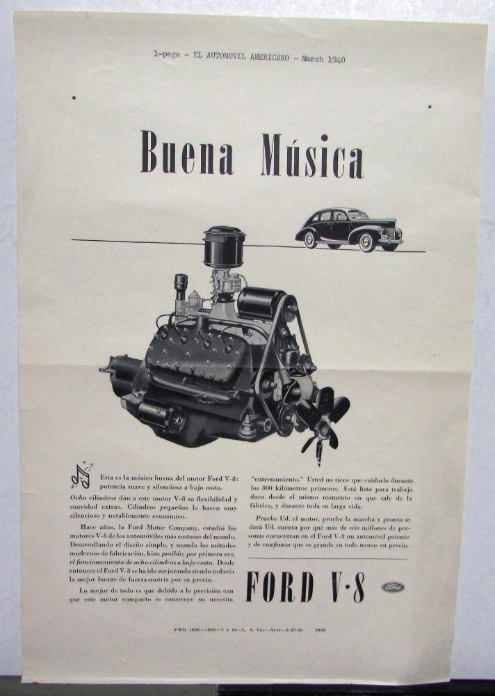 1940 Ford V8 Sedan Flathead Motor Good Music Ad Proof Spanish Text Original