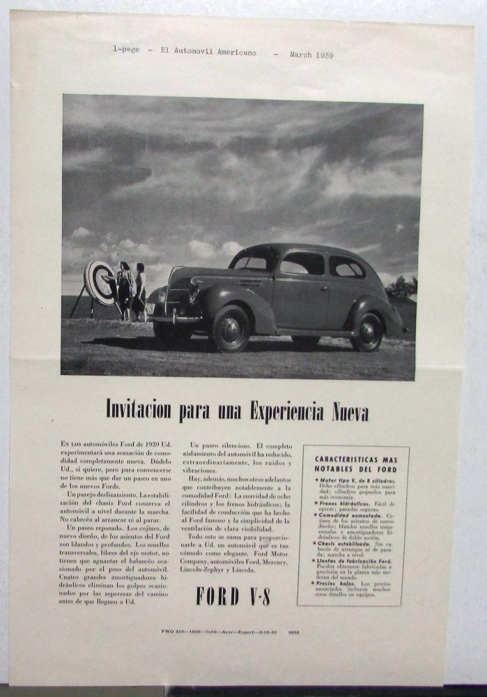 1939 Ford V8 Sedan For A New Experience Ad Proof Spanish Text Original