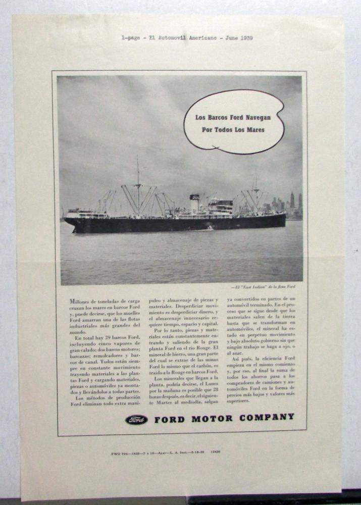 1939 Ford Ships Sail All The Seas Ad Proof Spanish Text Original