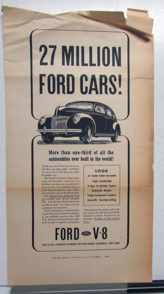1939 Ford V8 Sedan 27 Million Ford Cars! Ad Proof Original