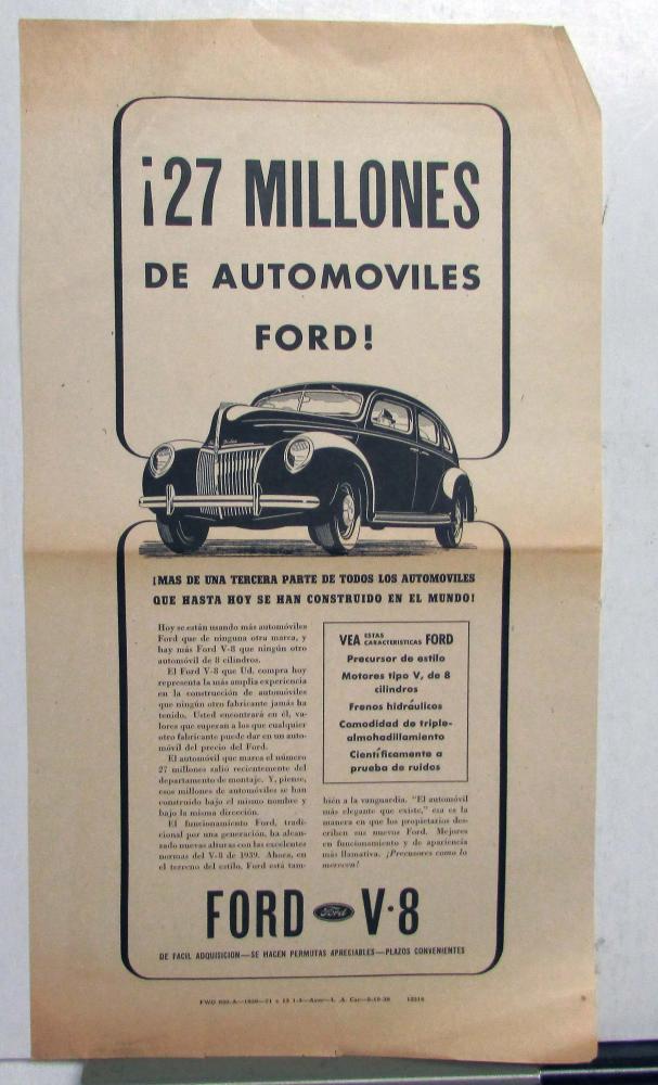 1939 Ford V8 Sedan 27 Million Ford Cars! Ad Proof Spanish Text Original
