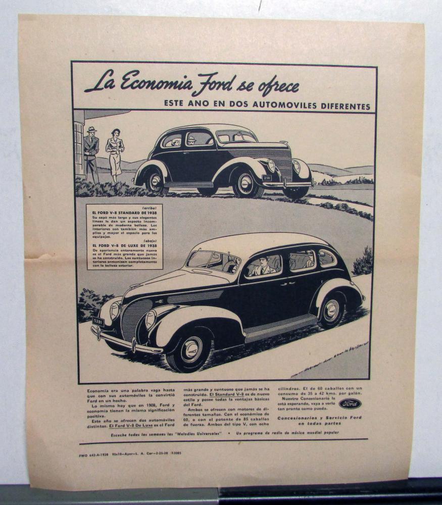 1938 Ford Coupe DeLuxe Passenger Car The Ford Economy Ad Proof Spanish Orig