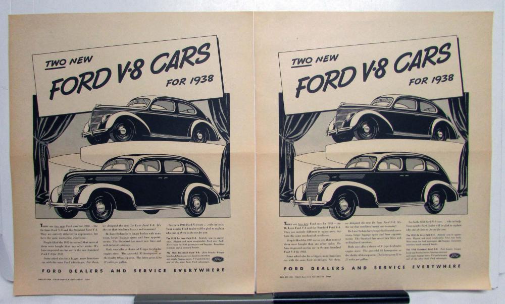 1938 Ford Standard DeLuxe V8 Two New Ford Cars Ad Proof Original