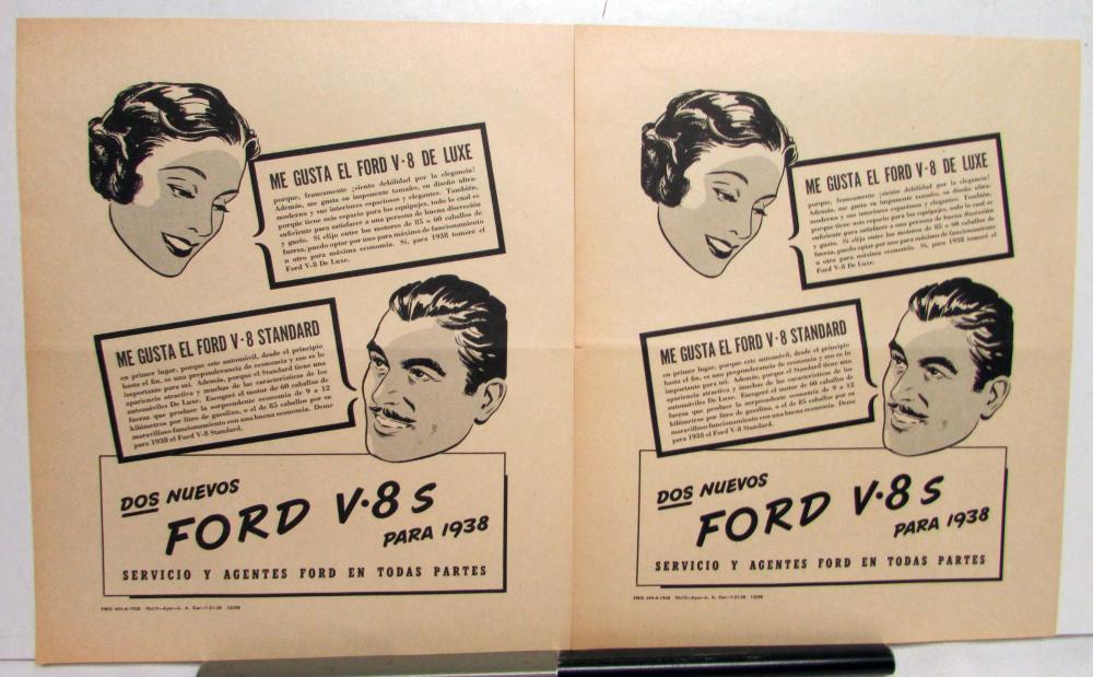 1938 Ford V8 DeLuxe Standard Two New Fords Ad Proofs Original Spanish text
