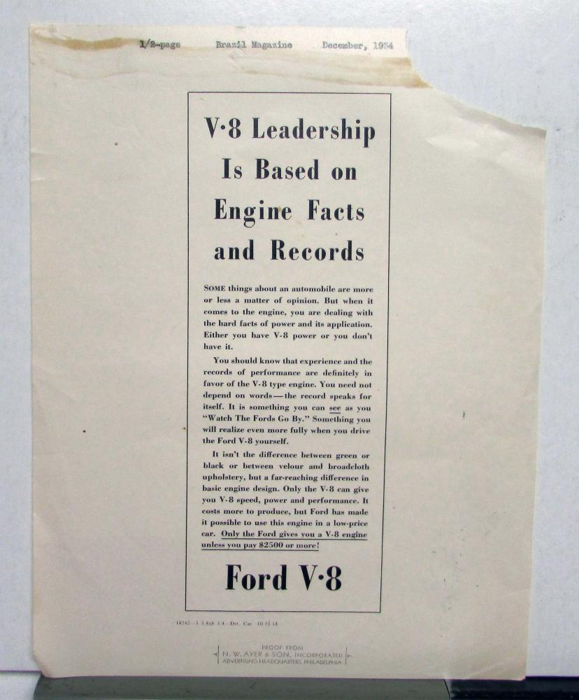 1935 Ford V8 Leadership Is Based On Engine Facts And Records Ad Proof Original