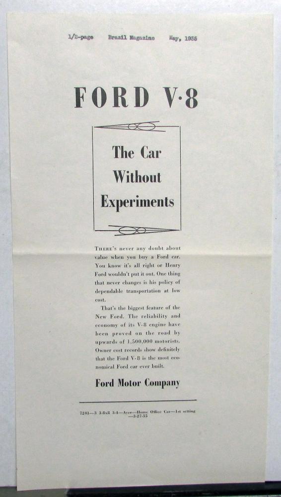 1935 Ford V8 The Car Without Experiments Ad Proof Original