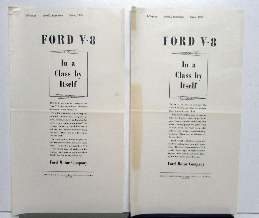 1935 Ford V8 In A Class By Itself Ad Proof Original