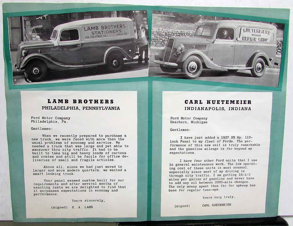 1937 Ford Panel Truck Dealer Sales Brochure Testimonial Sheet Original