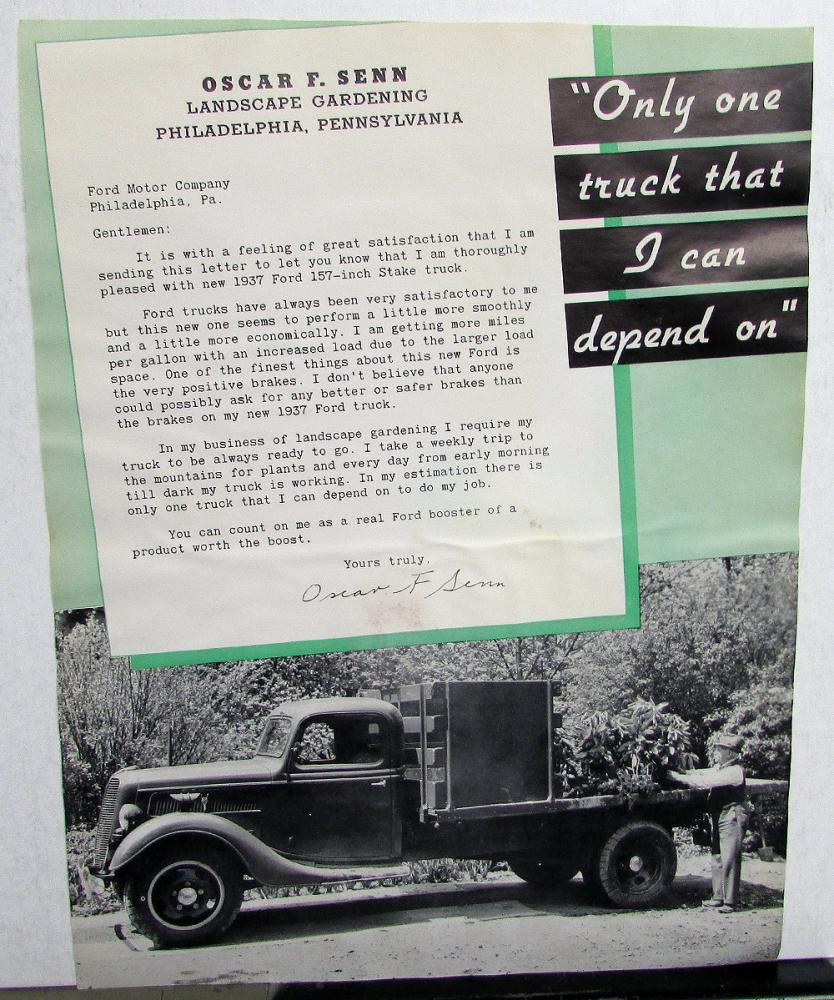 1937 Ford Stake Truck Dealer Sales Brochure Testimonial Sheet Original