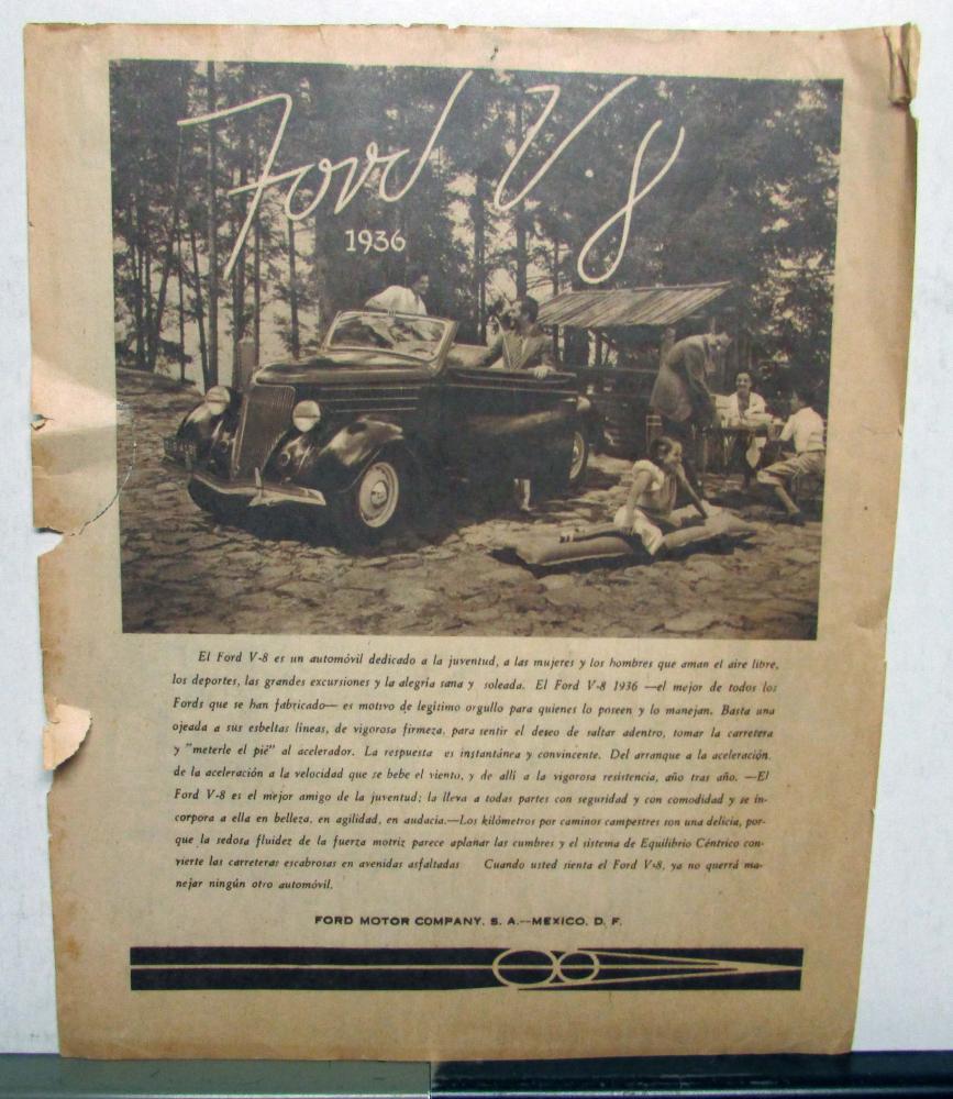 1936 Ford Convertible V8 Dedicated To Youth Women & Men Ad Proof Spanish text