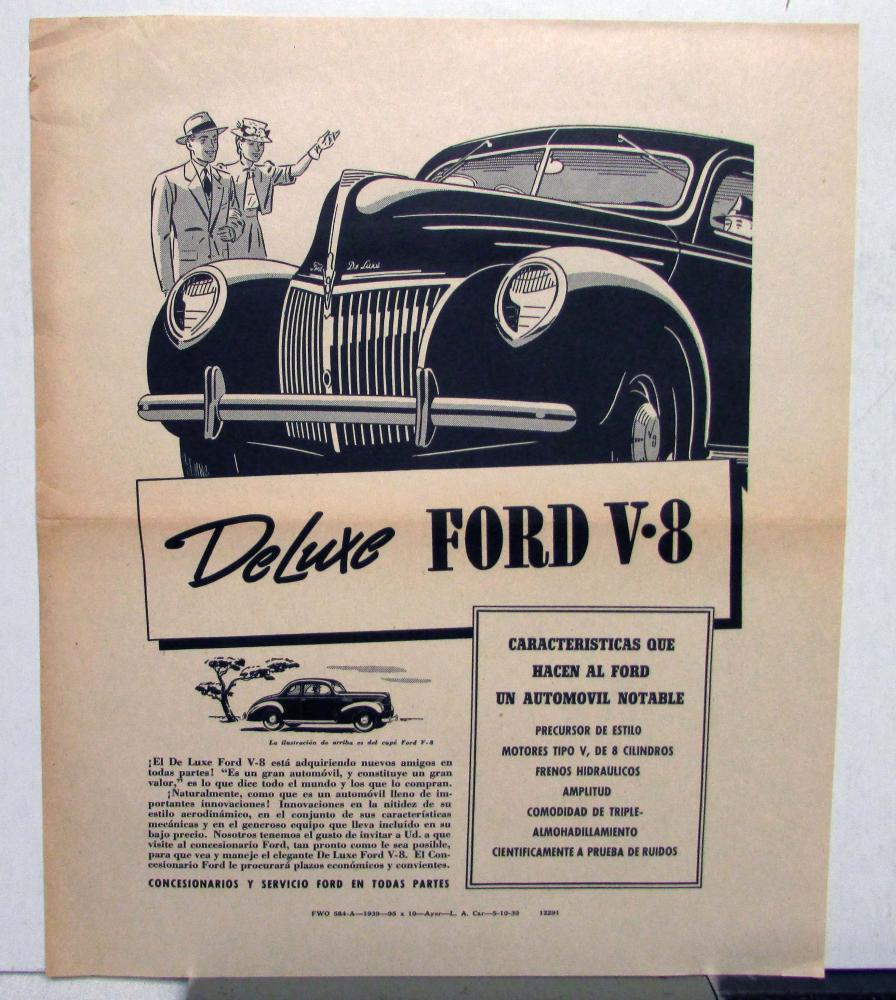 1939 Ford V8 DeLuxe Style Leadership Features Original Ad Proof Spanish Text