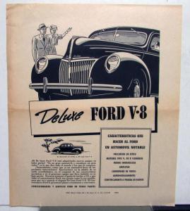 1939 Ford V8 DeLuxe Style Leadership Features Original Ad Proof Spanish Text