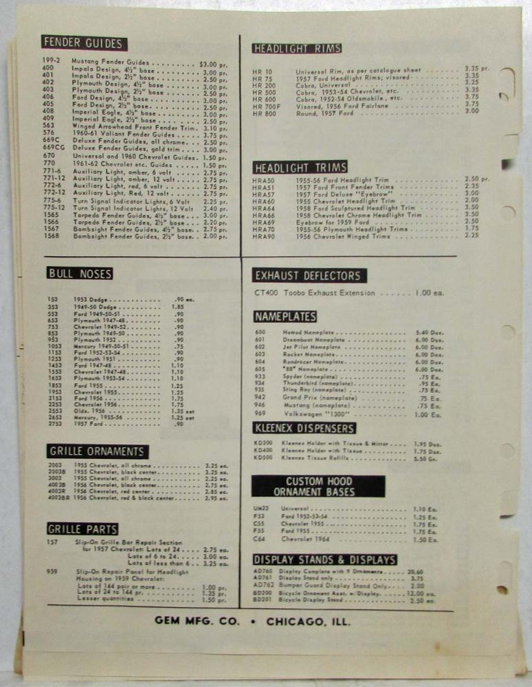 1966 Gem Manufacturing Co Accessory Distributors Price Schedule with