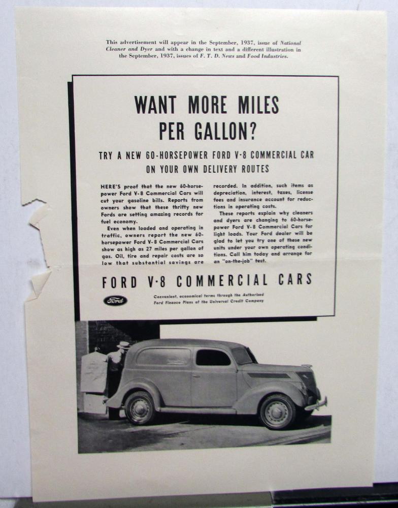 1938 Ford V8 Commercial Cars Delivery Want More Miles Per Gallon? Ad Proof Orig