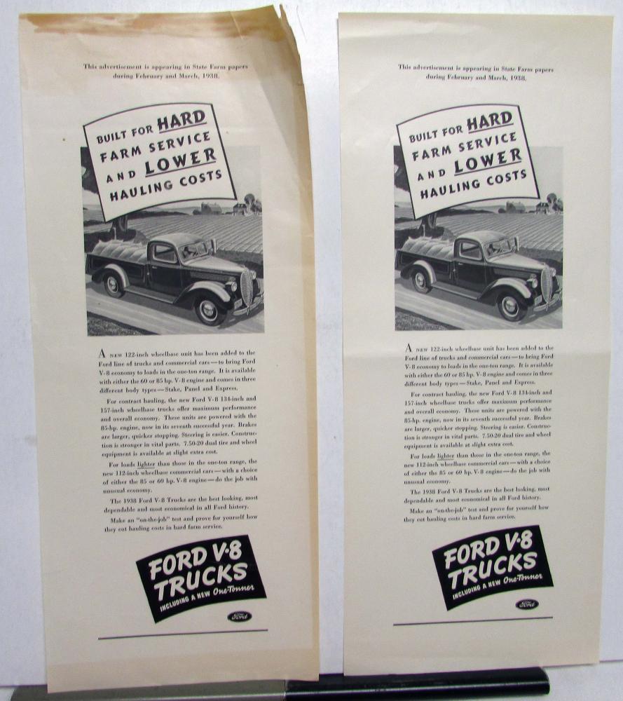 1938 Ford V8 Trucks Built For Hard Farm Service & Lower Costs Ad Proof Original