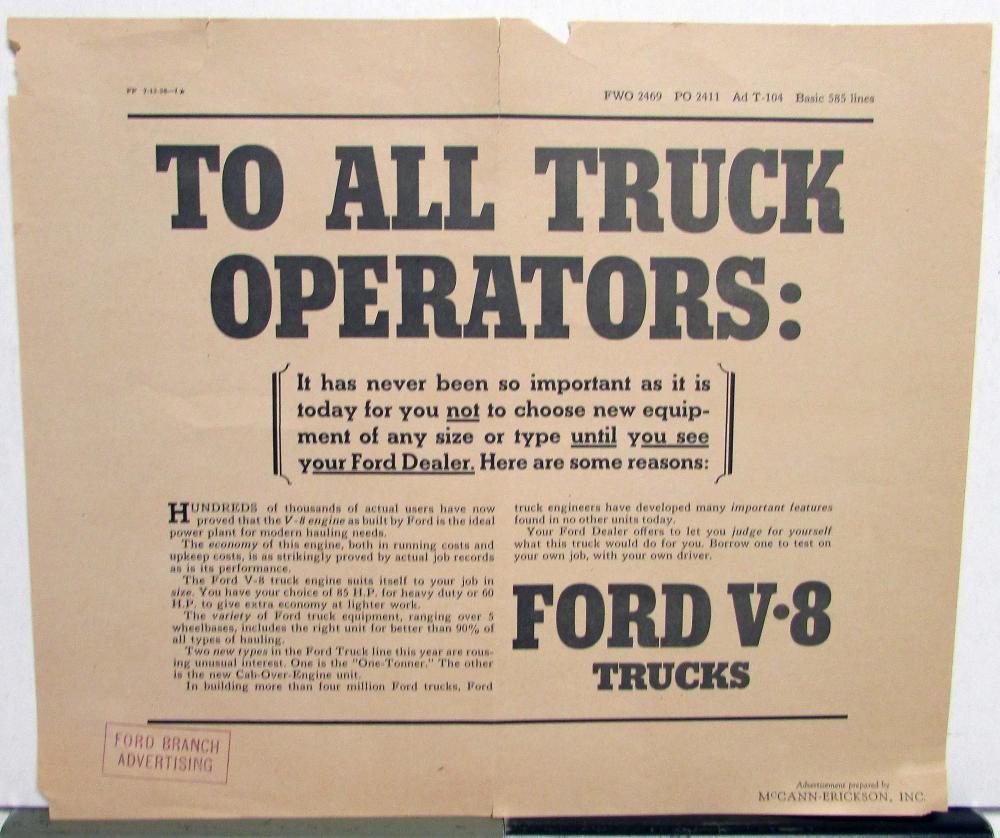 1938 Ford Trucks V8 To All Truck Operators Ad Proof Original