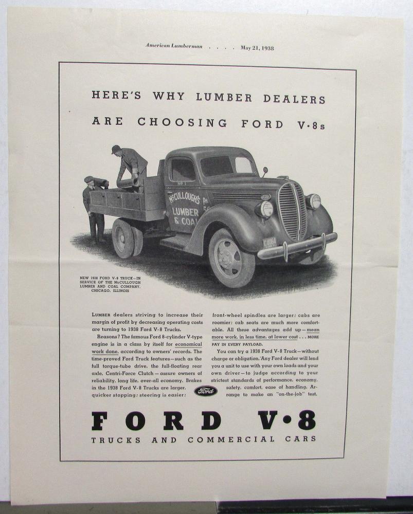 1938 Ford Trucks V8 Here's Why Lumber Dealers Are Choosing Ford Ad Proof Orig