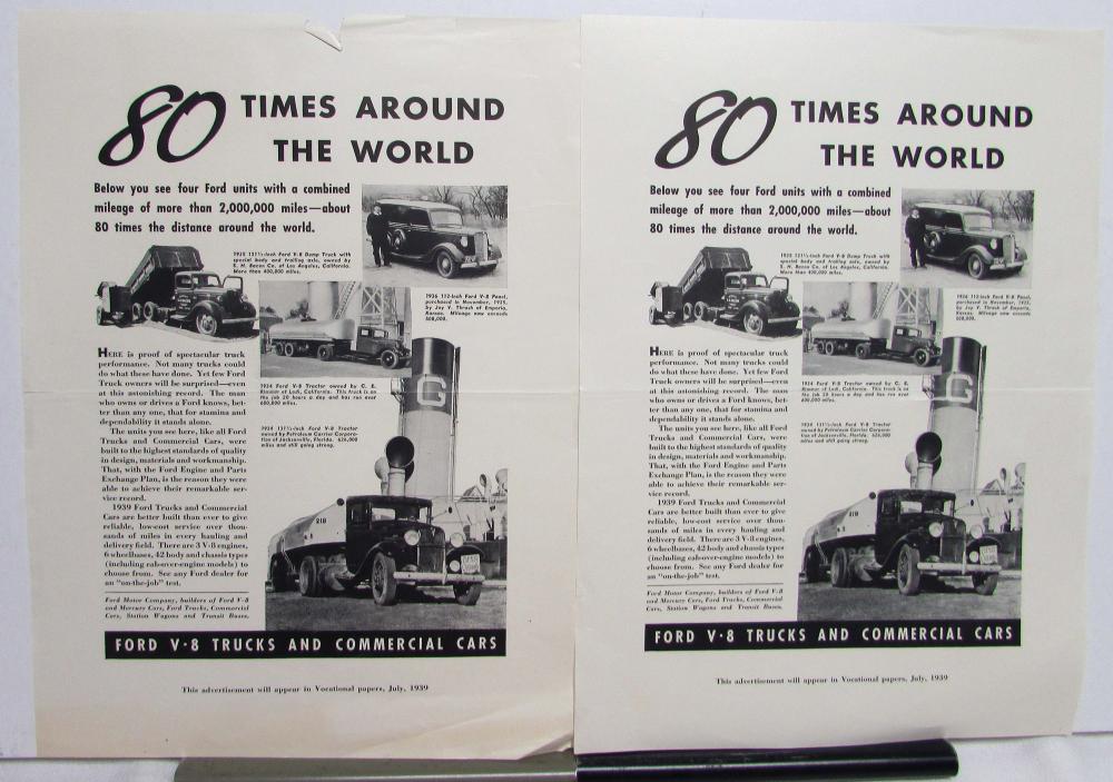 1939 Ford V8 Trucks 80 Times Around The World Ad Proof Original
