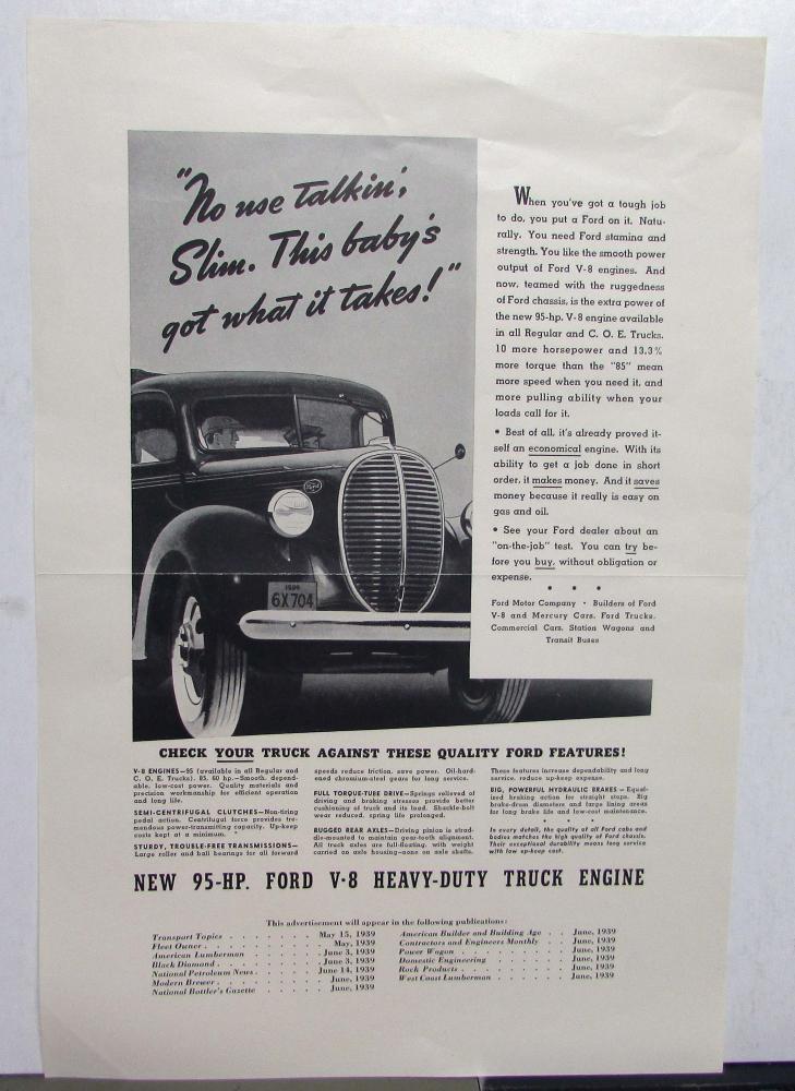 1939 Ford V8 Heavy Duty Truck Features No Use Talking Slim Ad Proof Orignal