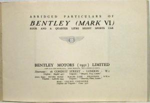 1947 Bentley Mark VI Four and a Quarter Litre Silent Sports Car Sales Brochure