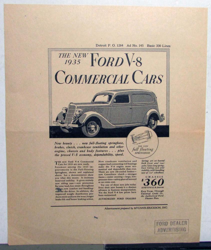 1935 Ford V8 Commercial Car Features Diagram New Beauty Ad Proof Original