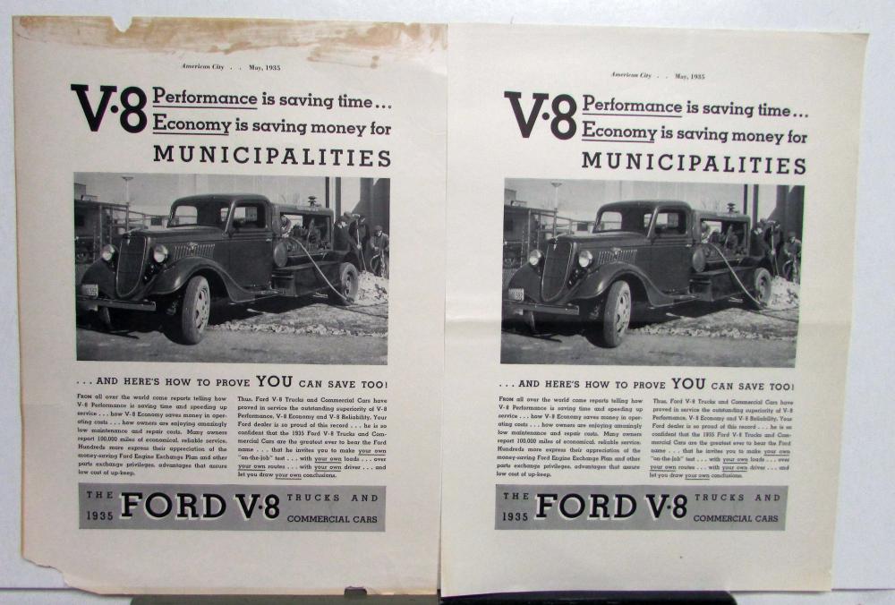 1935 Ford Truck V8 Features Is Saving Money For Municipalities Ad Proof Orig