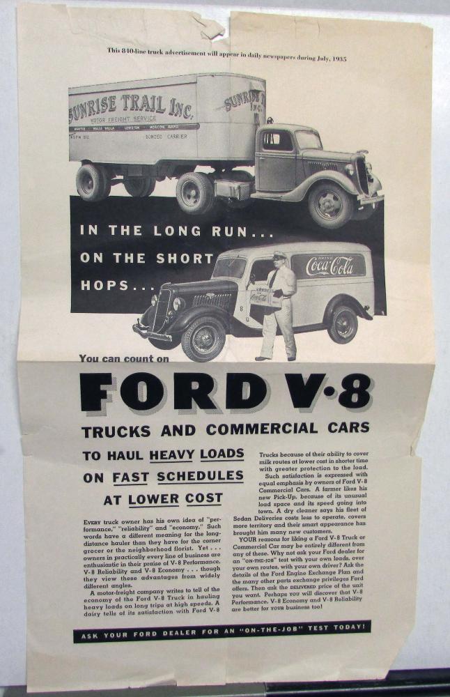 1935 Ford Truck V8 Heavy Loads On Fast Schedules At Lower Costs Ad Proof Orig