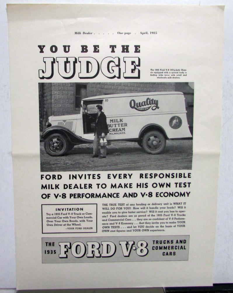 1935 Ford V8 Trucks Commercial Cars Delivery Features Milk Dealers Ad Proof Orig