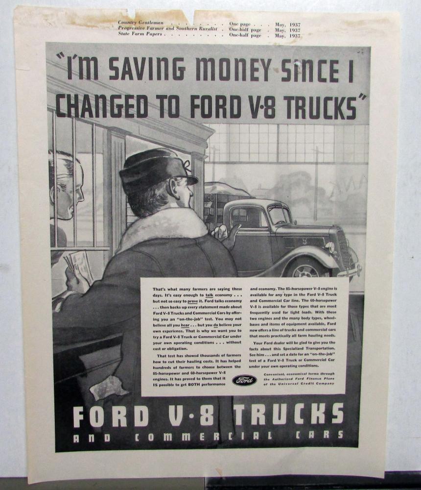 1937 Ford V8 Trucks Commercial Cars Features Saving Money Ad Proof Original