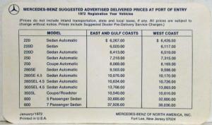 1972 Mercedes-Benz Sales Information Request Folder with Suggested Prices