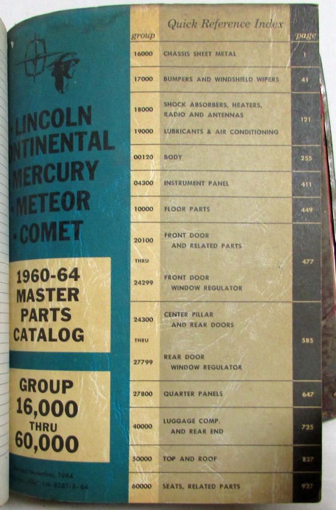 19601964 Lincoln Mercury Master Parts Book Catalog Continental Meteor