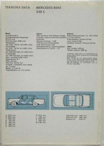 1966 Mercedes-Benz 230S Sales Folder Brochure - Swedish Text