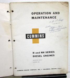 1960 Cummins H & NH Series Diesel Engines Operation & Maintenance Owners Manual