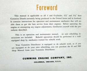 1960 Cummins H & NH Series Diesel Engines Operation & Maintenance Owners Manual