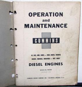 1956 Cummins Diesel Engine Owners Manual H HS HR HRS NH NHS NHRS NHH NT NRT