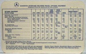 1969 Mercedes-Benz Suggested Advertised Delivered Prices at Ports of Entry