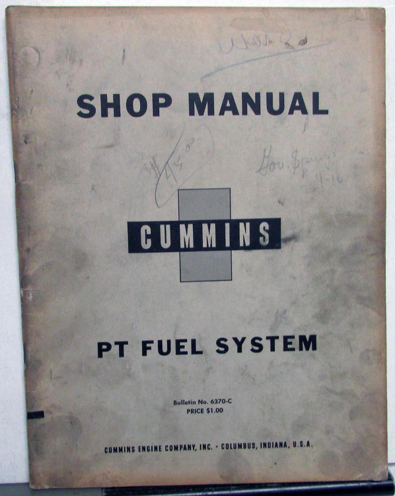 1954 Cummins Diesel Engines PT Fuel System Service Shop Repair Manual
