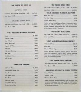 1960 Triumph Suggested Retail Price List Effective March 1960