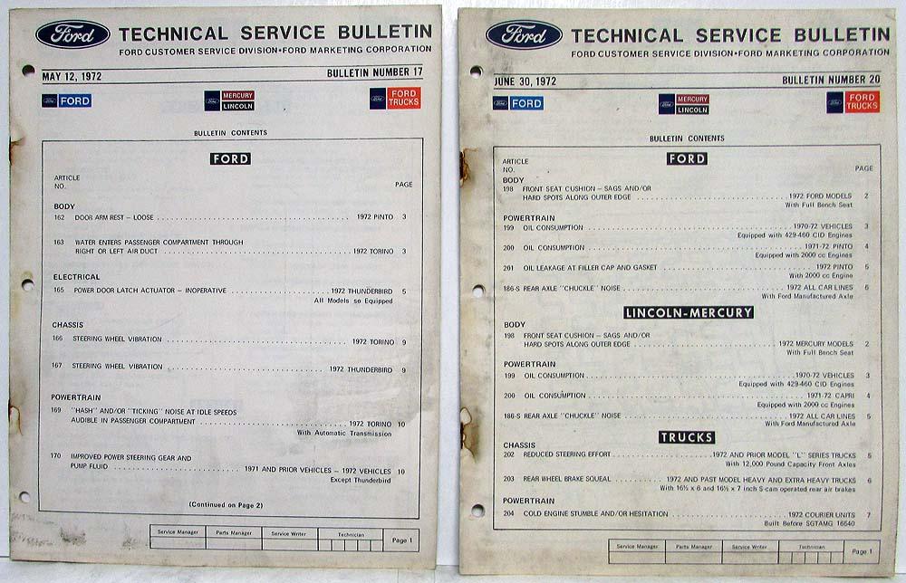 1972 Ford Lincoln Mercury and Trucks Service Technical Service Bulletins 17 & 20