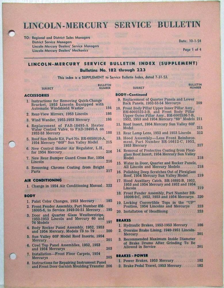 1954 Lincoln Mercury Service Bulletin Index Supplement No 182 thru 223