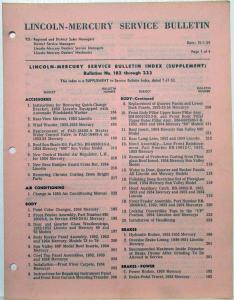 1954 Lincoln Mercury Service Bulletin Index Supplement No 182 thru 223