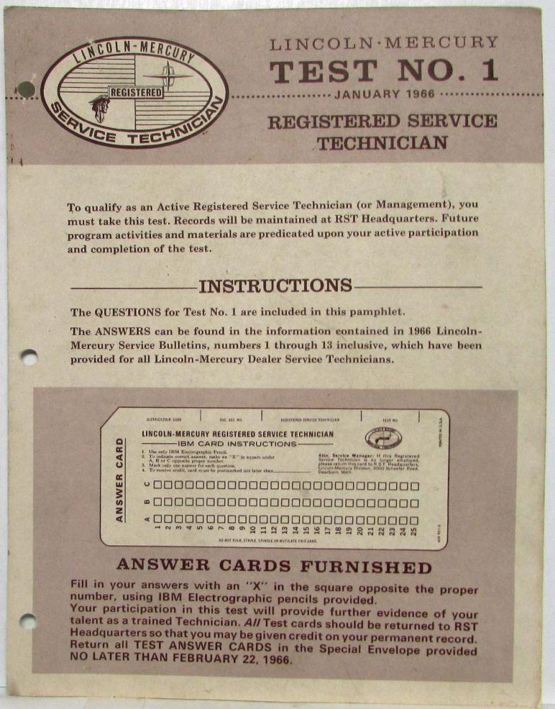 1966 Lincoln Mercury Registered Service Technician Test No 1