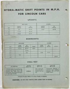 1952 Lincoln Hydra-Matic Diagnosis Check Chart Covering Shifting Oil Leaks Noise