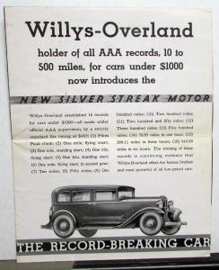 1932 Willys Overland Brochure Mailer AAA Record Holder New Silver Streak Motor