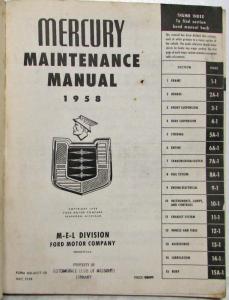 1958 Mercury Dealer Factory Service Shop Repair Maintenance Manual