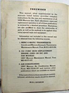1958 Mercury Dealer Factory Service Shop Repair Maintenance Manual