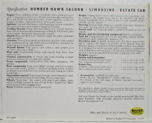 1960 Humber Hawk Small Sales Folder - Saloon Limousine Estate Car - UK