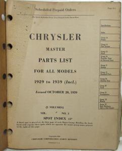 1929 to 1939 Chyrsler Master Parts List Book for All Models - Volume 2