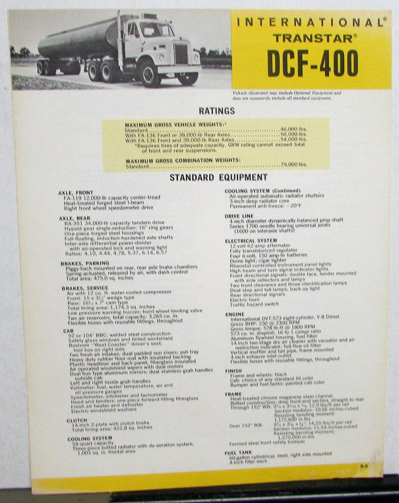 1970-1971 International IH Transtar DCF-400 Truck Sales Brochure Data Specs