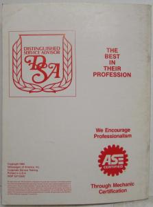 1984 Volkswagen VW Service Advisor Technical Reference Guide Corporate Training